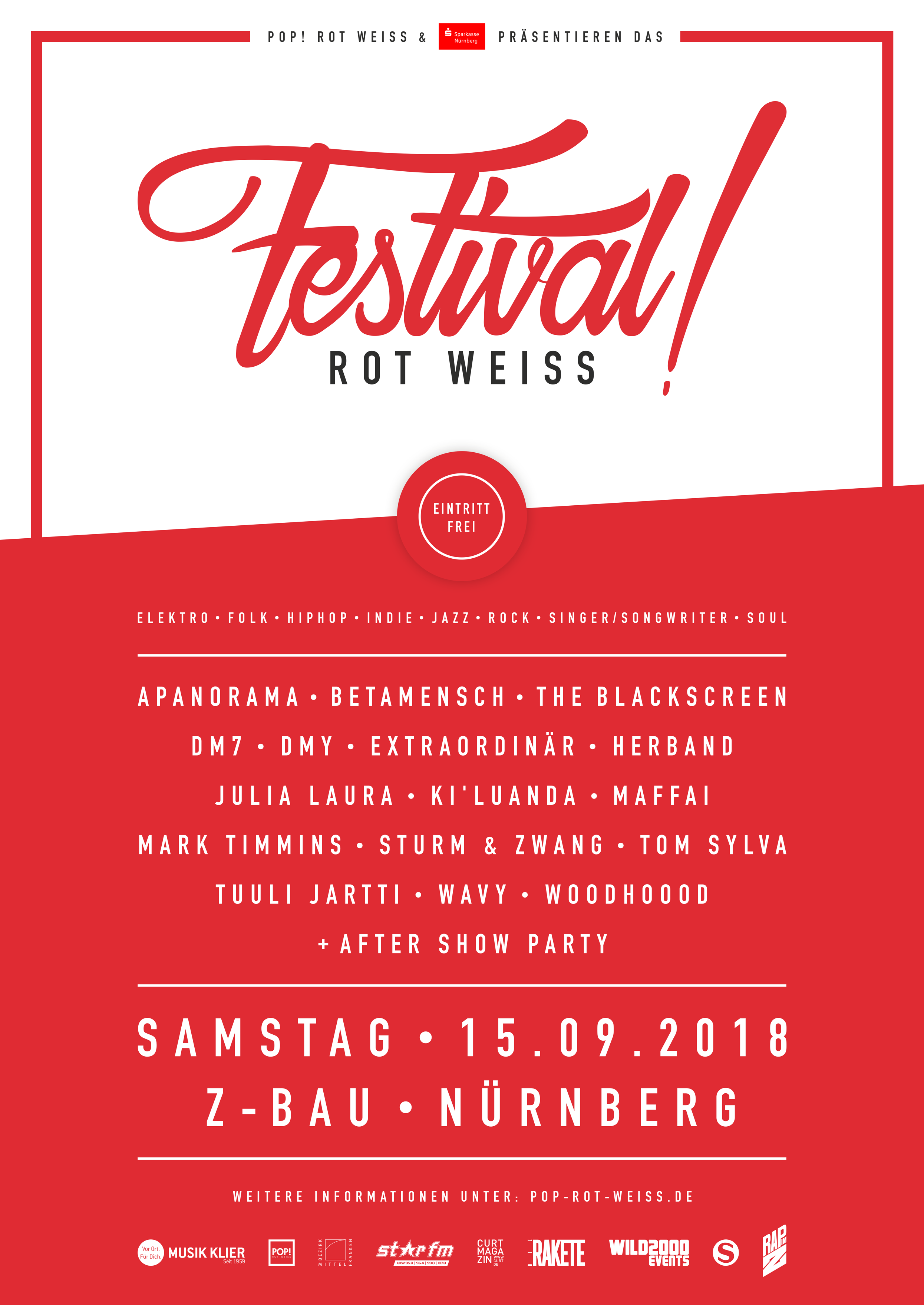 Das Festivalplakat mit dem Logo und den Bandtiteln darauf. Unter anderem spielen Betamensch, Apanorama, Extraordinäre und viele andere. Von Rock, Indie, Soul über über Hip Hop und Jazz hin zu Elektro. Eintritt ist frei