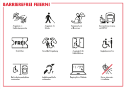 Hier sind die verschiedenen Icons zur Barrierefreiheit abgebildet. Zum Beispiel ein Symbol für Gebärdensprache oder für Angebote für Blinde