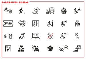 Icon Übersichttafel mit verschiedenen Symbolen zum Thema Barrierefreiheit. Beispielsweise ob Gebärdendolmetscher vorhanden sind, ob Assistenzhunde mit auf das Gelände dürfen oder ob Begleitpersonen kostenfrei die Veranstaltung besuchen können