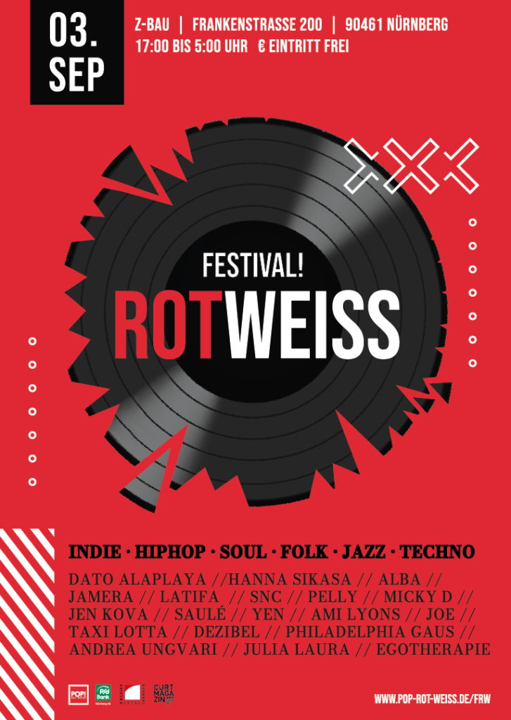 FESTIVAL! ROT WEISS im Z-Bau am 03.09.2022. Mit dabei viele Acts aus den Bereichen Indie, Jazz, HipHop und viele mehr.